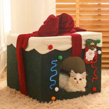 Vianočné Mačka Posteľ Dom Umývateľný A Mäkké Pelechu, Self-Otepľovanie Pohodlné Námestie Pet Jaskyne Na Vianoce Psov V Zime