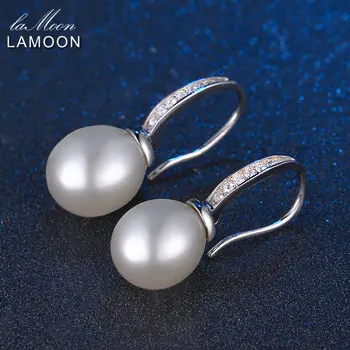 LAMOON Prírodné Sladkovodné Pearl Náušnice Pre Ženy Elegantné Biele Perly Drop Náušnice 925 Sterling Silver Šperky EI005