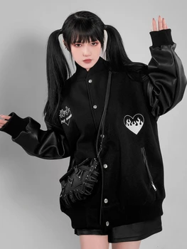Kórea Harajuku Punk Žena High Street Bohyne Black Baseball Jednotné Bunda Gothic Lolita Asketický Maiden Voľné Látková Bunda
