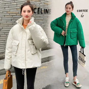 Kórejský elegantné zimné móda dvojité vrecko stojan golier teplé pribrala zips šnúrkou náradie krátka bunda ženy