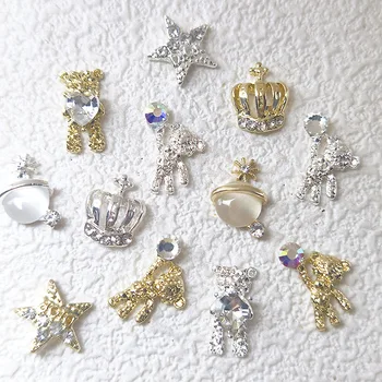 10Pcs Zliatiny Bear Nail Art Šperky Opal Planéty Holding Diamond/Srdce Nesie Zlato, Striebro Koruny Pentagram Hviezdice Nechtov Kamienkami