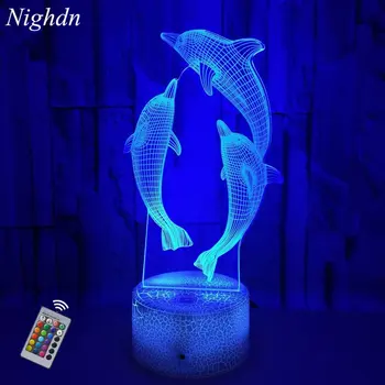 Dolphin 3D Nočné Svetlá pre Izba Dekor Farebné Diaľkové Ovládanie Stôl, stolná Lampa Led Nočného pre Deti Narodeniny Christams Dary