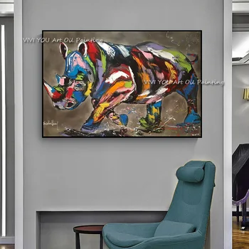 Abstraktné, farebné, Nosorožec Zvierat, olejomaľba na plátne, Ručne vyrábané Moderného maliarstva Obrázok Domov Stenu Hotel dekorácie