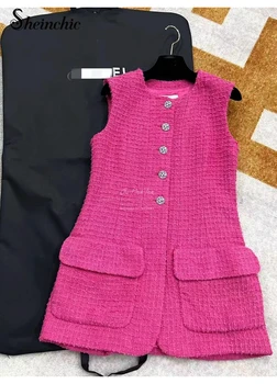 Ružová Vlna Šaty pre Ženy 2022 Luxusné Dizajnér Elegantné O-krku Singel svojim Tenkým Šaty kórejský Módne Letné Oblečenie