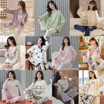 2022 Jar Jeseň Dlhý Rukáv Bežné Prekladané Bavlna Pajama Sady pre Ženy kórejský Voľné Sleepwear Pyžamá oblečenie pre voľný čas Doma Oblečenie