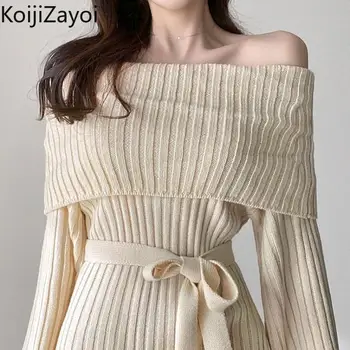 Koijizayoi Módne Ženy Pevný Pletený Mini Krátke Šaty Office Lady Sexy Lomka Krku Bodycon Šaty Elegantné Kórejský Zimné Vestidos
