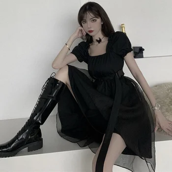 Pevné Mini Šaty Žien Čierna Oka Nepravidelný Slim Námestie Golier Lístkového Rukávy Volánikmi Kórejský Štýl Elegantné Trendy Ulzzang Bežné