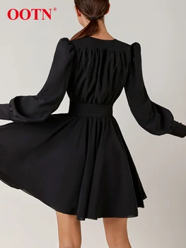 OOTN Elegantné Lístkového Rukáv, Krátke Šaty Ženy Sexy tvaru A-Line Šaty Vysoký Pás Singel svojim Skladaný Tričko Šaty na Jeseň roku 2022