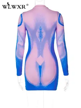 WLWXR Jeseň Party Fashion 3D Tlač Šaty Pre Ženy 2022 O Krk Dlhý Rukáv Šaty Club Oblečenie Modrá Bodycon Mini Šaty Žena