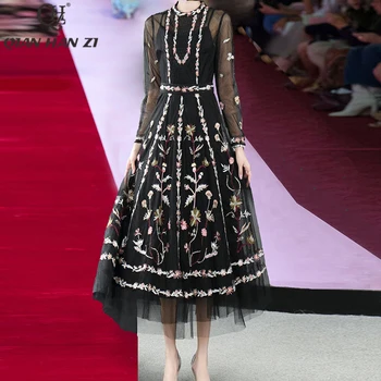 Qian Han Zi Jarnú Návrhárka Jeseň Dlhý Rukáv Šaty retro oka výšivky elegantné dlhé Tenké šaty Žien Nové 2021