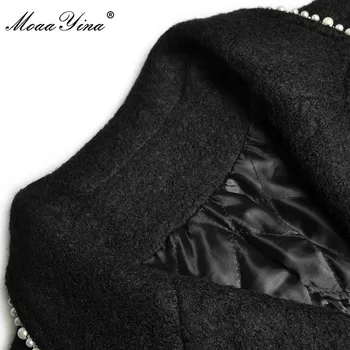 MoaaYina Módny Návrhár Jeseň Zima Čierny Plášť Ženy Dlhý Rukáv Lištovanie Crystal Singel Svojim Bežné Kabát Outwear