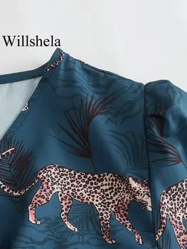 Willshela Ženy Módy Tlače Asymetrické Midi Šaty Vintage Tvaru Dlhé Rukávy Žena Lady Chic Šaty