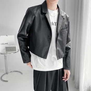 Pánske Kožené Sako kórejský Streetwear Vintage Módy Voľné Bežné Krátka Bunda PU Kožené Cardigan Muž Japonský Kabát Harajuku