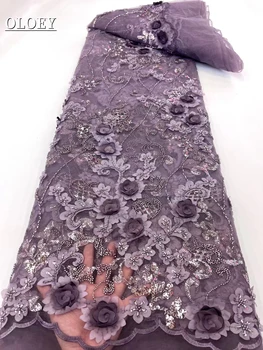 Vysoko Kvalitný Elegantný Laser Disku 3D Výšivky Kvet Textílie Afriky Nigérijský Korálkové Čipky Textílie Pre Svadobné Šaty Strany XC8709