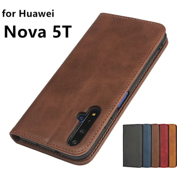 Kožené puzdro na Huawei Nova 5T Flip prípade držiteľa karty Závesu Magnetická príťažlivosť Kryt Prípade Peňaženky Prípade