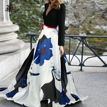 Jeseň Príležitostné Voľné Šaty V Krku Maxi Elegantné Šaty Dlhé Tlačené Šaty pre Ženy Dlhý Rukáv Vestidos Mujer