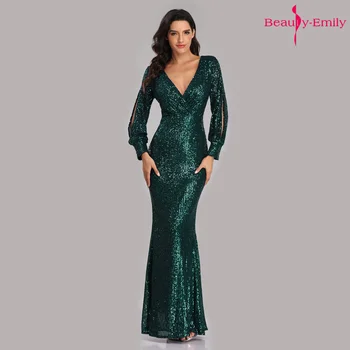 Krásy-Emily Flitrami Večerné Šaty Dlhé Rukávy Pre Ženy V Krku Formálne Mermaid Party Šaty Prom Šaty 2023 Vestido De Noche