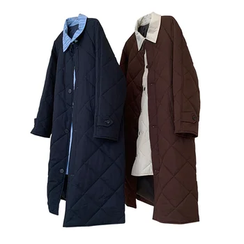 Crriflz zimné ženy kabát nový 2021 módne retro šitie kontrast farieb klope dlho bavlna čalúnená bunda voľné tenké teplá vetrovka