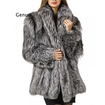 Luxusné Zase Dole Kožušiny Golier Chlpaté Faux Fox Kožušinový Kabát Zimný Ženy Umelú Kožušinu Bunda Hrubé Teplé Ženy Oblečenie 2021