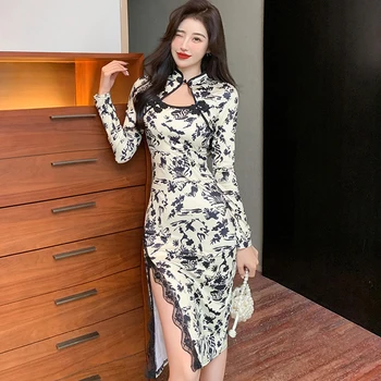 Móda Kórejský Štýl Ženy Vintage Čínsky Štýl Stand Krku Duté Midi Party Šaty Elegantná Kvetinová Čipka Rozdeliť Pláže Ženské Šaty
