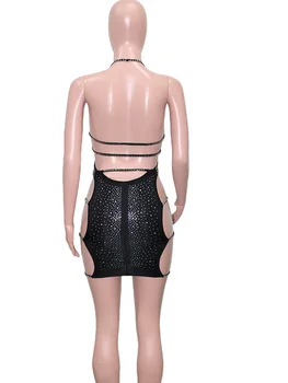 Beyprern Nové Elegantné Čierne Rebrík Vystrihnúť Crystal Mini Šaty Letné Dámske Spagetti Popruhy Sequin Noc Šaty Narodeniny Oblečenie