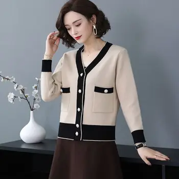 Office Lady Patchwork Singel svojim tvaru Cardigan Kovové Pearl Tlačidiel, dámske Oblečenie, Dekorácie, Vrecká Pletenie Svetrov