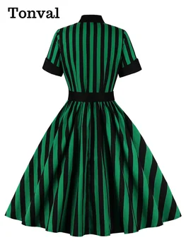 Tonval Singel svojim Čiernym a Zeleným Prekladané Bavlnené Šaty Žien Rockabilly Vintage Oblečenie Belted Skladaný Vrecku Šaty